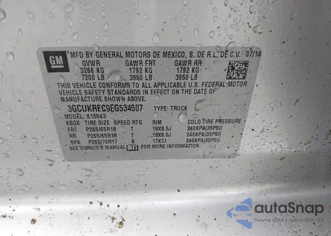 2014 Chevrolet Silverado K1500 Lt из США, поврежденный, VIN 3GCUKREC9EG534507